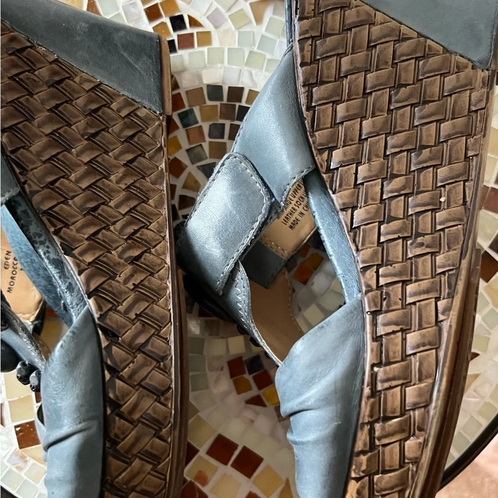 Earth Moraccan Blue Eden Adjustable Beaded Lattice Wedge Sandals Boho EUC 10B